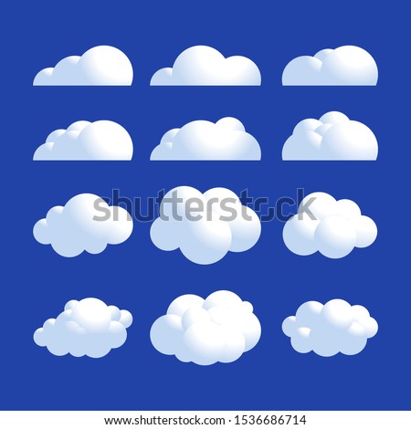 Vector Fluffy 3d realistic cloud icon set. Shine sky weather clean vector set isolated on blue. Cloudscape and 3d clouds nature fluffy in air. 3d cloud icon set