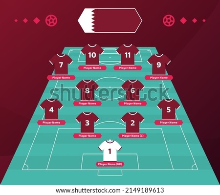 Qatar world Football 2022 team formation. Soccer or football field with 11 shirt with numbers vector illustration. soccer lineup