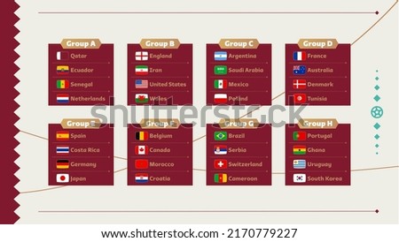 World football 2022 Groups and flags set. Flags of the countries participating in the World soccer cup championship 2022 in Qatar set. Vector illustration