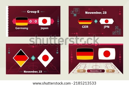 Germany vs Japan, Football 2022, Group E. World Football Competition championship match versus teams intro sport background, championship competition final poster, vector illustration.