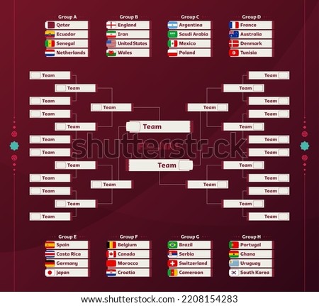 World Football 2022 playoff match schedule with groups and national flags. Tournament bracket. 2022 Football cup results table, participating to the final championship knockout. vector illustration.