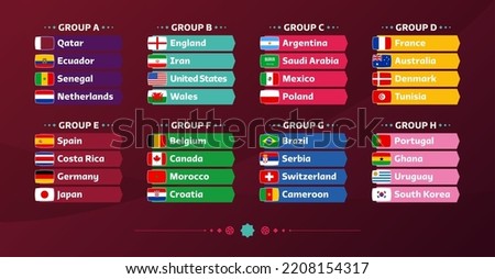 World football cup 2022 Group and flags set. Flags of the countries participating in the 2022 World championship set. Vector illustration.