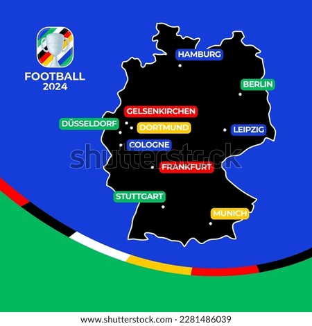 Football 2024 host cities. Vector map of Germany with cities hosting the European Football euro Championship 2024