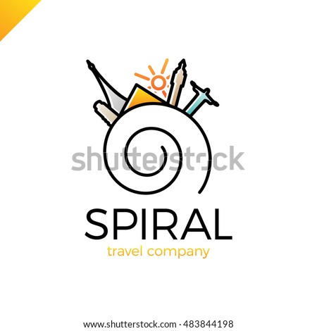 Spiral line travel, journey vector logo design template. world tourism country icon. Paris, Rio, Italy, London, Egypt and sun symbol