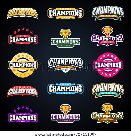 Sport champion or champions league emblem typography set. Vector Super sport logo for your t-shirt. Vector Mega logotype bundle collection.