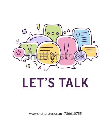 Vector illustration of colorful dialog speech bubbles with icons and text let's talk on white background. Safety communication technology concept. Thin line art flat design of mobile technology