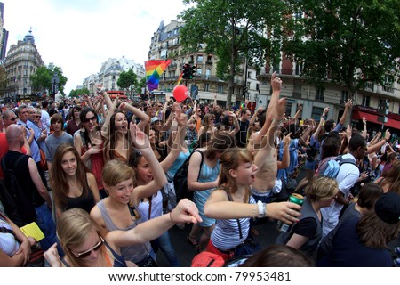 PARIS, FRANCE - JUNE 25. Unidentified people took part in the Paris Gay Pride parade to support the LGBT (lesbian, gay, bisexual, and transgender) rights, on June 25, 2011 in Paris, France.