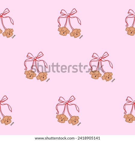 Seamless fluffy Cherry pattern with bow in cartoon style. Cute trendy design. Vector funky illustration. Ballet-core, coquette-core background.