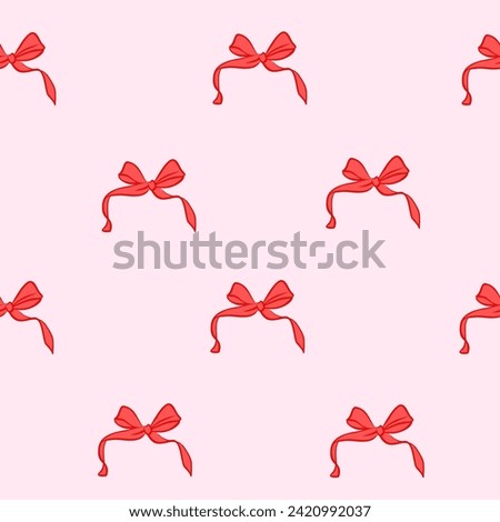 Seamless ribbon, bow in cartoon style. Cute trendy design. Vector funky illustration. Ballet-core, coquette-core background.