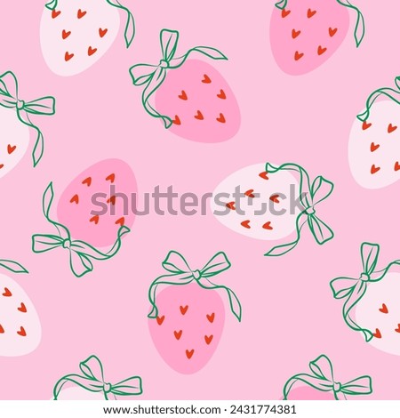 Seamless Strawberry pattern with bow in cartoon style. Cute trendy design. Vector funky illustration. Ballet-core, coquette-core background.