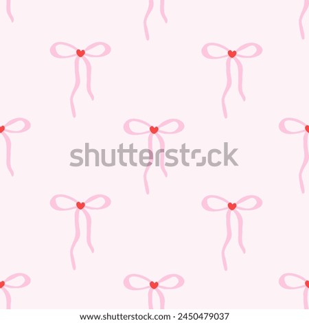 Seamless bows with little hearts in cartoon style. Cute trendy design. Vector funky illustration. Ballet-core, coquette-core background.