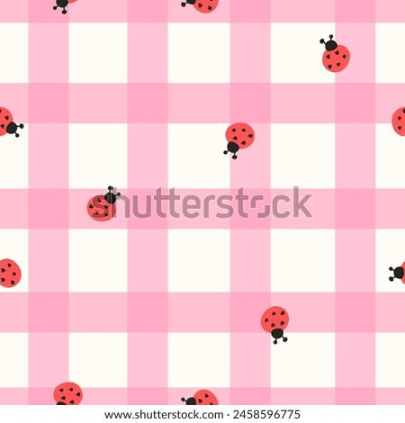 Spring pink Gingham plaid vector seamless pattern. Check surface design with ladybirds. Geometric abstract background. Seamless ladybirds with pink check background.