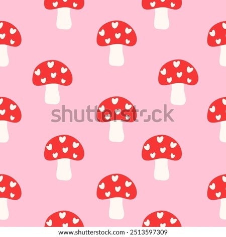 Seamless mushroom pattern with little hearts in cartoon style. Cute trendy design. Vector funky illustration. seamless little hearts. Pink background.