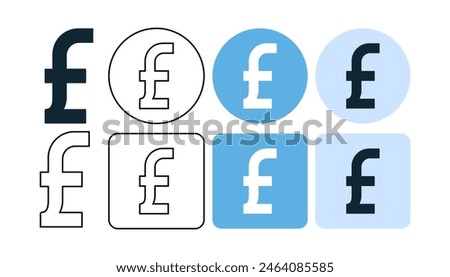 set of pounds sign icon symbol, British pounds icon, flat and stroke line editable	