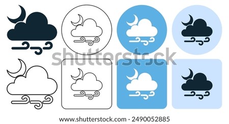 cloudy windy night, wind weather forecast breeze icon symbol stroke line and glyph