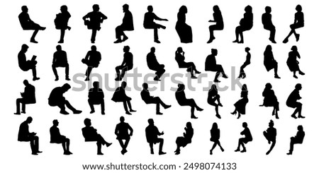 silhouette of sitting people man woman, men women Vector silhouettes of men women, a group of sitting on a bench chair business people, profile, black color isolated on white background