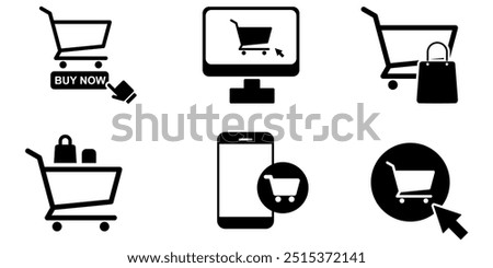 purchase online shopping icons, click on buttons pay, buy, sell in E-commerce. Shopping bag and Cart, cursor, computer, smartphone