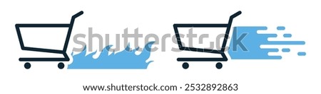 editable shopping cart fast delivery shipping with flame and dash, express speed courier sending product from market cardboard illustration vector UI and UX