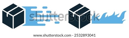 fast package delivery shipping with flame and dash, express speed courier sending cargo cardboard illustration vector UI and UX