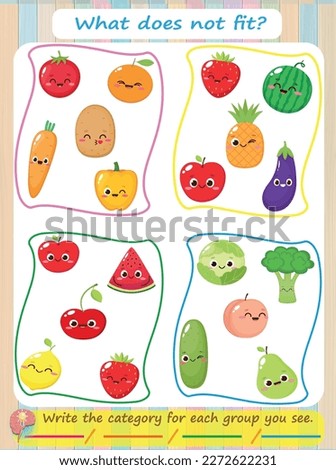 A logic puzzle for kids. What does not fit? Fruits and vegetables are educational games for children. Worksheets in vector design for kids.
