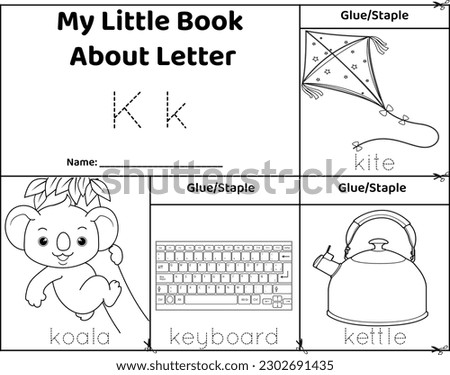 Logical printable worksheet alphabet beginning sounds flip book in black and white.Letter K, koala, keyboard, kettle, kite