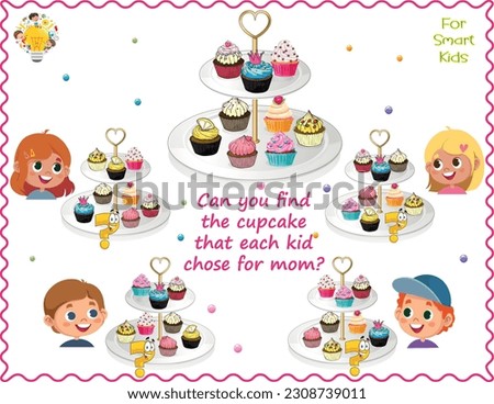 Logic puzzle for children. Can you find the cupcake that each kid chose for mom. Educational game. Page for the kids brain teaser book. Task for attentiveness.