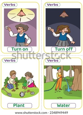 Flashcards used verbs with verb pictures. The most common English Verbs that kids must know to learn how to build a sentence. turn on, turn off, plant, and water