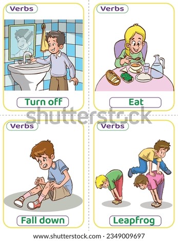Flashcards used verbs with verb pictures. The most common English Verbs that kids must know to learn how to build a sentence. Turn off, eat, fall down, and leapfrog