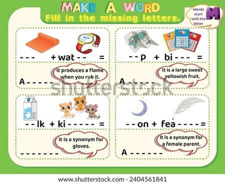 Educational logical worksheet riddles for kids: Make new words that start with the letter M to study English. Printable puzzle and spelling activity.