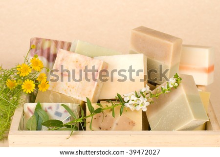group of handmade soap in wooden box, nature material.
