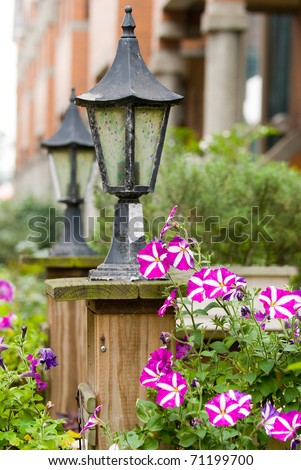 Classic old garden lamp with blooming colorful Petunia flowers