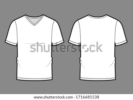 men's white V-neck t-shirt design templates (front, back views). Vector illustration.