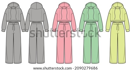Womans sport suits, crop hoodie and wide pants, colored variants