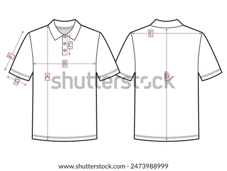 Mans polo size chart. Front and back views sketch