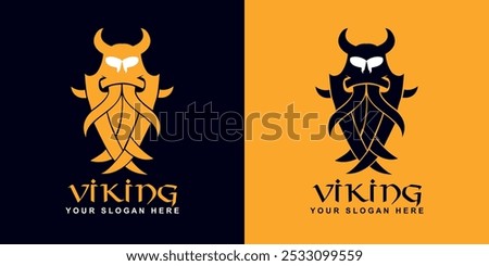 Exotic tribal masks with Viking style. Scandinavian logo in two colors. Isolated nordic symbol with double background.