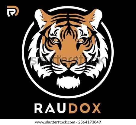 
Tiger head mascot logo, big cat icon badge emblem. Symbol of audacity and speed. Tiger on black background.