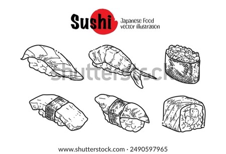 Set of Sushi in Hand-drawn style, sushi in black outline, Drawing of food elements. Japanese Food sketch vector illustration on isolated.