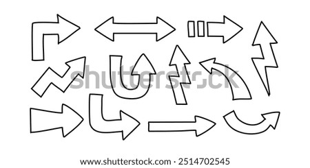 Outline Arrows in Hand-drawn style set vector collection. Arrow icon. Arrow. Cursor simple arrows. on a white background vector illustration