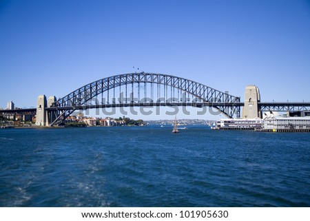 Sydney, Australia Harbour bridge full side view panoramic iconic image blue water and sky connection of cities