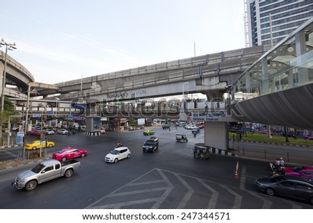 BANGKOK,THAILAND - JAN 3 : Traffic jam on Rama I street at Pathumwan junction on Jan 3,2015 in Bangkok, Thailand. Pathumwan junction is one of the most busiest shopping districts in Bangkok.