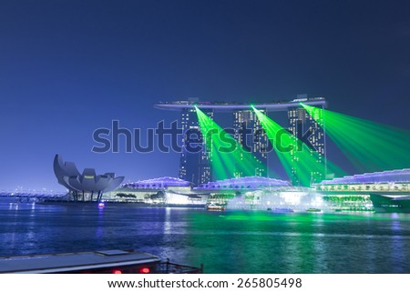 SINGAPORE - MAR 21 : Marina Bay Sands hotel light show at night on March 21,2015 in Singapore. It is the world's most expensive building with cost of US$ 4.7 billion and landmark of Singapore.