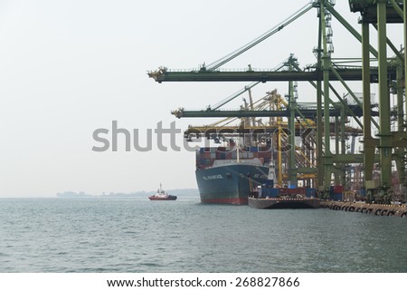 SINGAPORE - MAR 22 : Singapore industrial port on March 22,2015 in Singapore. It is the world\'s busiest port in terms of total shipping tonnage, it transships fifth of the world\'s shipping containers.