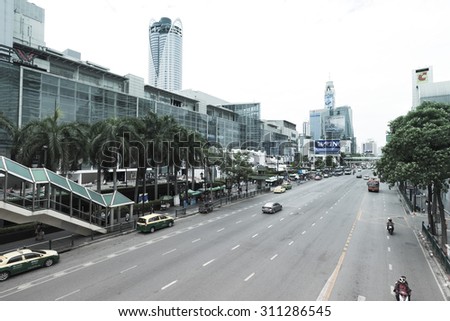 Bangkok, Thailand - AUG 28 : Main road in front of Central World Department Store in Bangkok, Thailand on AUGUST 28, 2015.