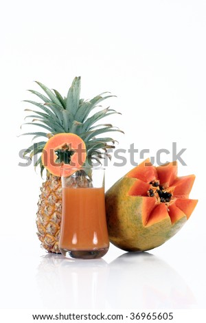 pine apple and papaya juice in a white background