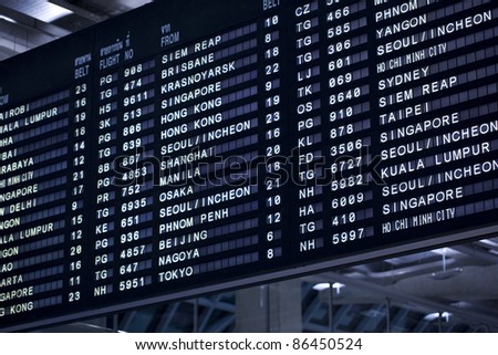 The display board in an airport with departure and arrival times.