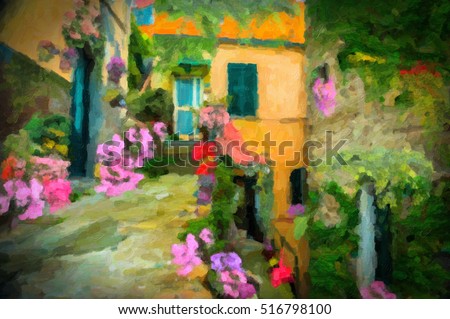 Italian yellow brick home with flower garden, digital oil painting effect