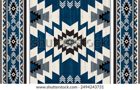 Navajo tribal Blue seamless pattern. Native American ornament. Ethnic South Western decor style. Boho geometric ornament. Vector seamless pattern. Mexican blanket, rug. Woven carpet illustration