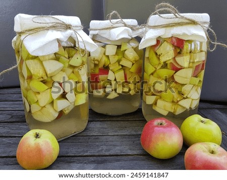 Similar – Image, Stock Photo Homemade apple vinegar in bottle with apples and green leaves on white background. Top view