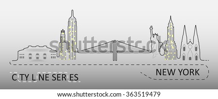 Popular New York City Architecture. Illustration is made in the form of lines and elements of each object.
