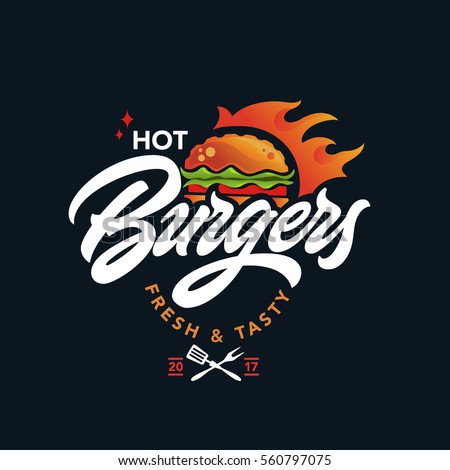 Hot burgers vector logo, fast food, lettering